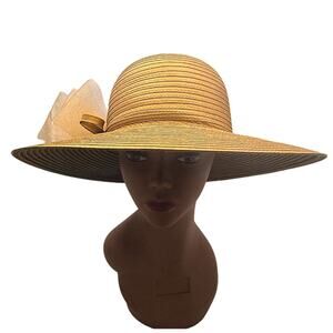August Hat Gold Wide Brim Derby Easter Church Organza Bow Dress Hat